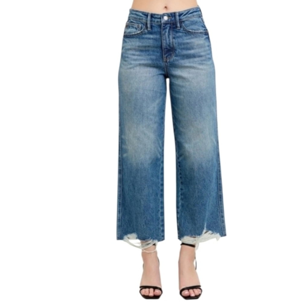 NWT Judy Blue Wide-Leg Crop High Waist Rigid Magic Destroyed Hem Jeans